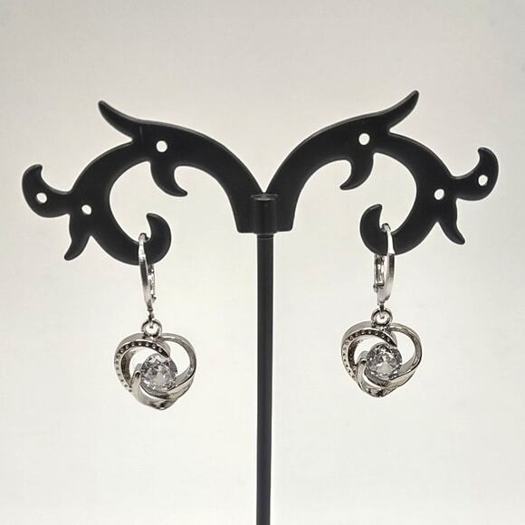 925 Sterling Silver Earrings w/ Swirl Heart CZ Stone Pendant Valentine Gift NEW! - Picture 1 of 6